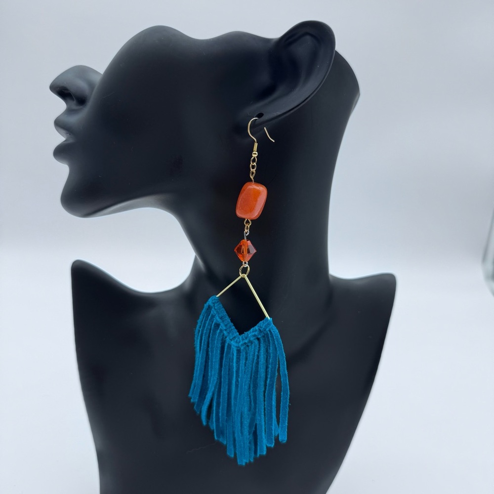 Hand Crafted Orange Stone & Beaded Blue Suede Fringe Earrings